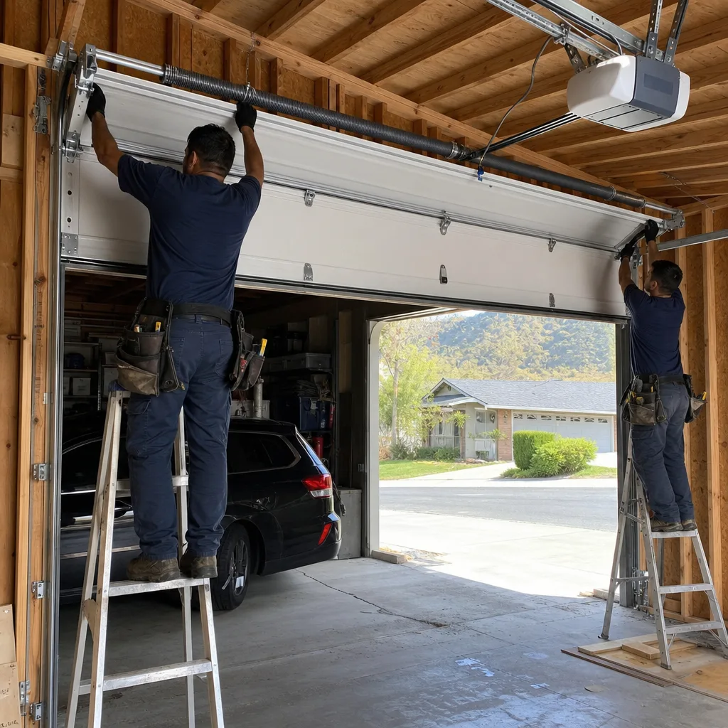 Two technicians installing a white sectional garage door in a residential garage