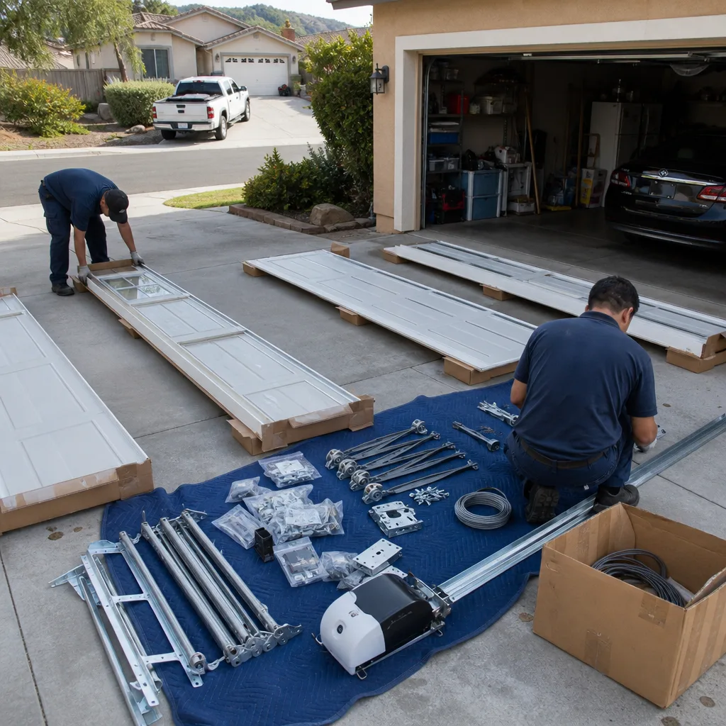 Professional technicians preparing for a residential garage door installation