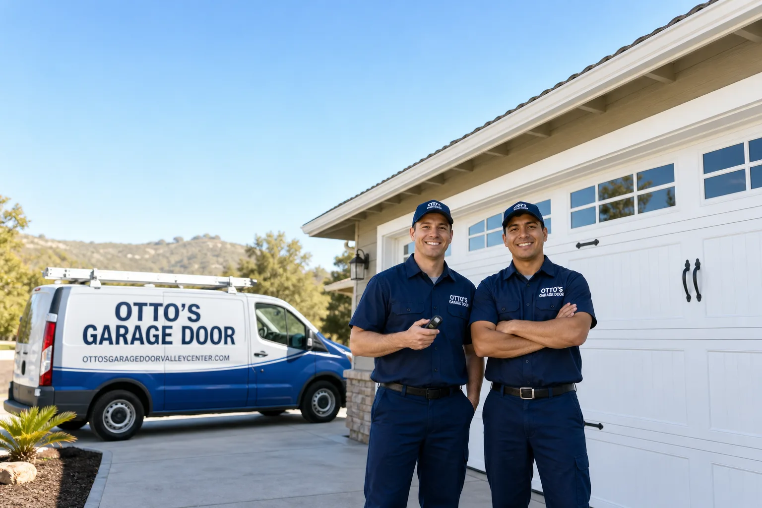 Otto's Garage Door garage door service vehicle and crew in Valley Center, CA